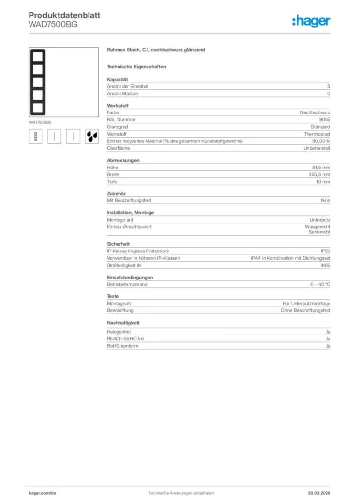 Bild Hager Produktdatenblatt WAD7500BG | Hager Deutschland