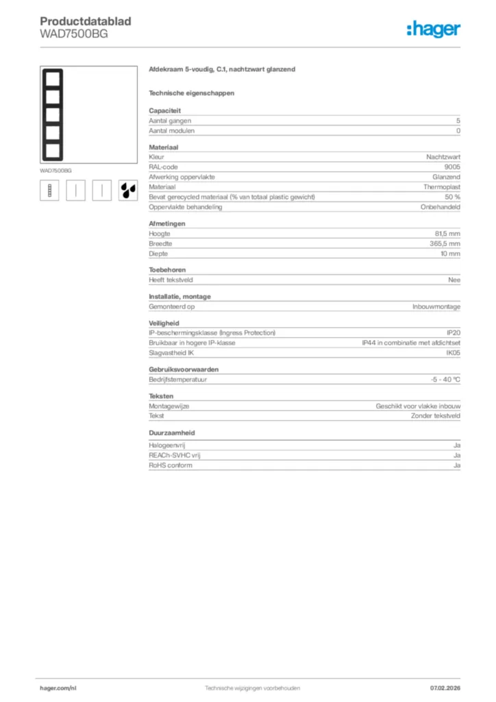 Afbeelding Hager Productdatablad WAD7500BG | Hager Nederland