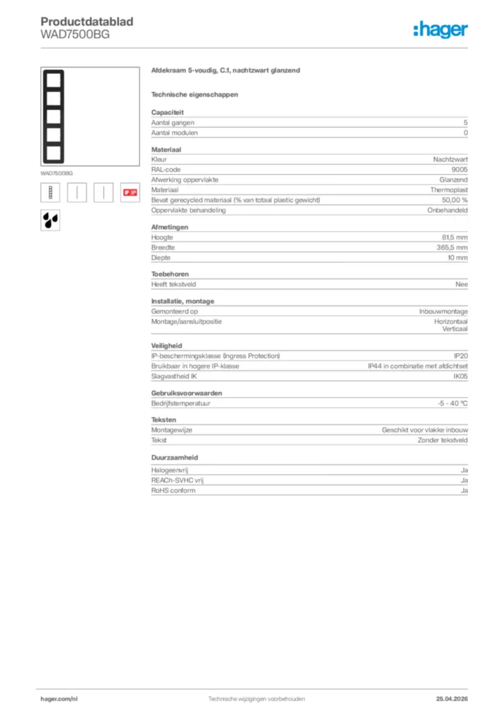 Afbeelding Hager Productdatablad WAD7500BG | Hager Nederland