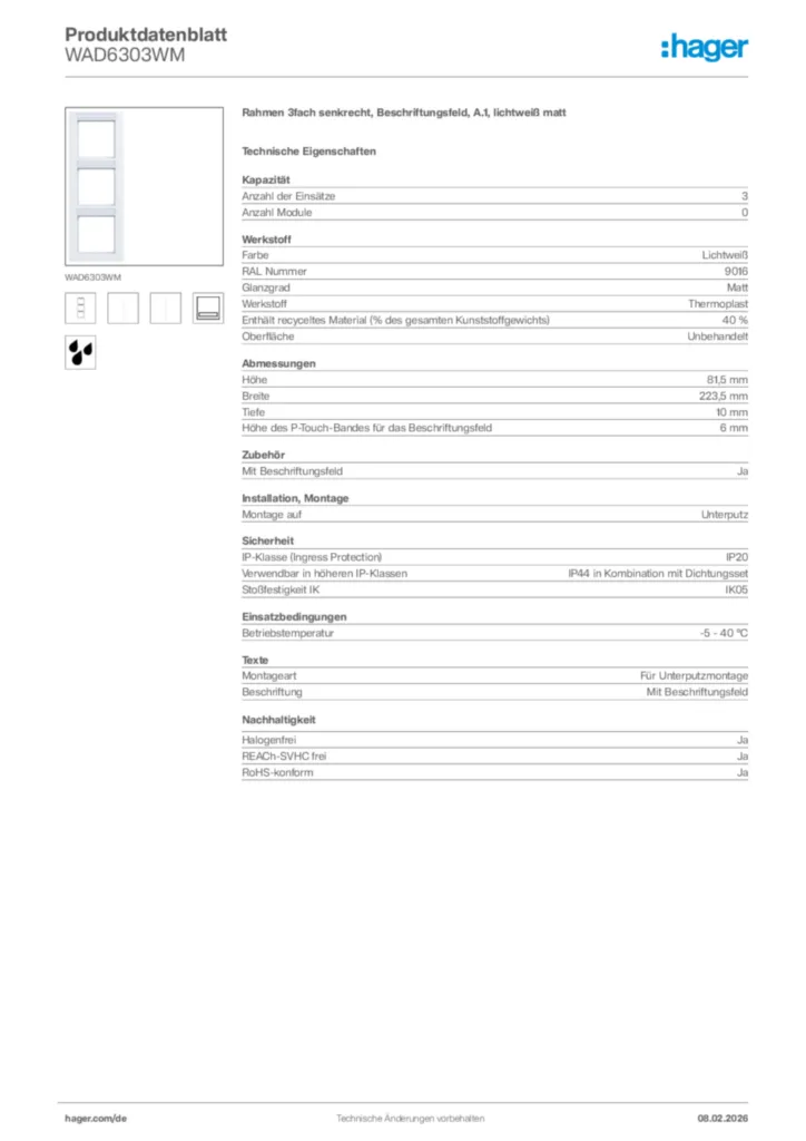 Bild Hager Produktdatenblatt WAD6303WM | Hager Deutschland