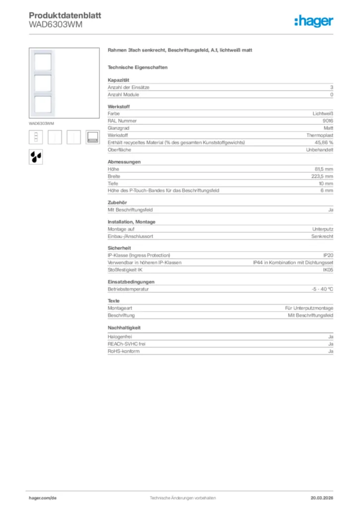 Bild Hager Produktdatenblatt WAD6303WM | Hager Deutschland