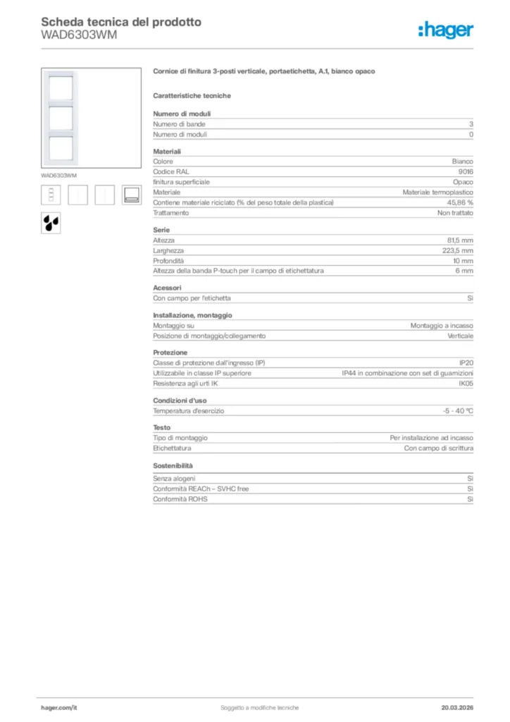 Immagine Hager Scheda tecnica del prodotto WAD6303WM | Hager Italia