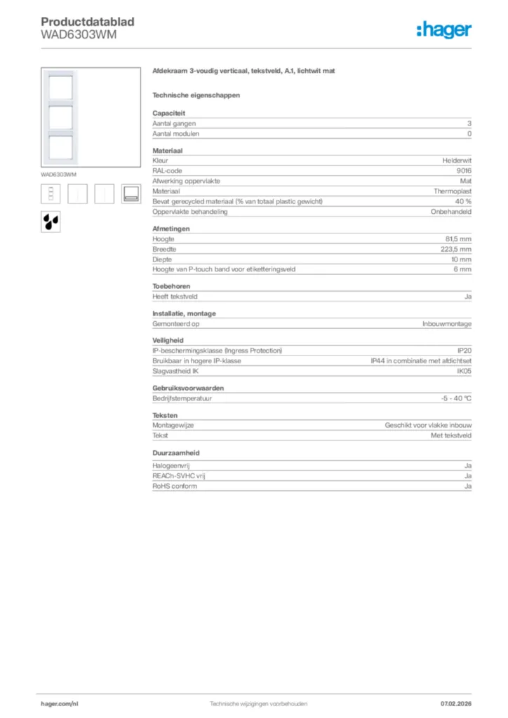 Afbeelding Hager Productdatablad WAD6303WM | Hager Nederland