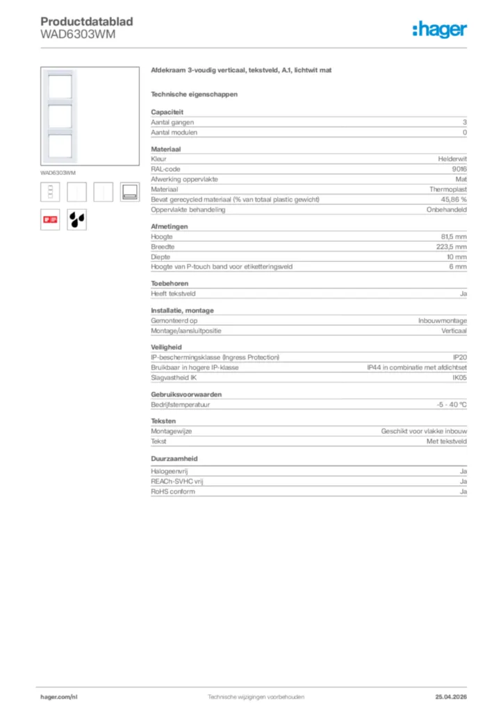 Afbeelding Hager Productdatablad WAD6303WM | Hager Nederland