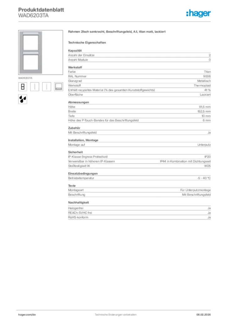 Bild Hager Produktdatenblatt WAD6203TA | Hager Deutschland