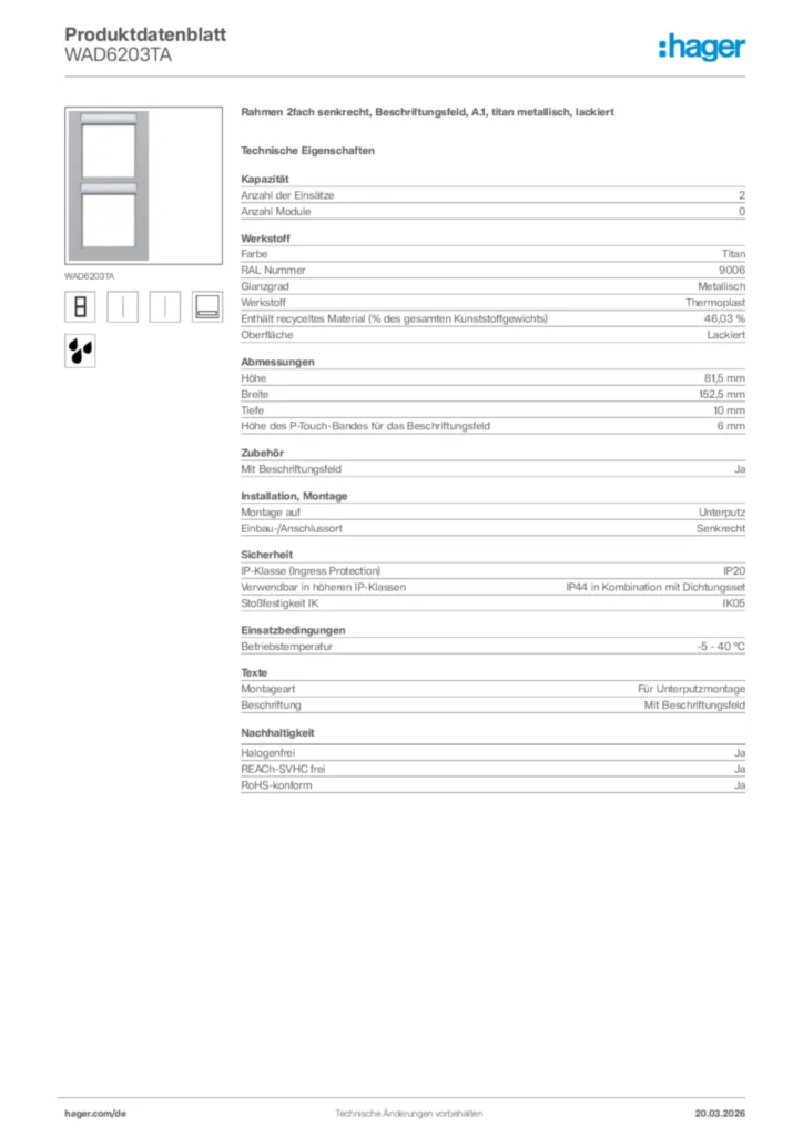 Bild Hager Produktdatenblatt WAD6203TA | Hager Deutschland