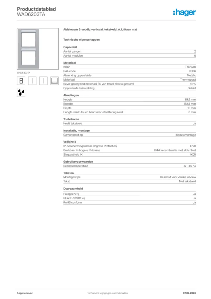 Afbeelding Hager Productdatablad WAD6203TA | Hager Nederland