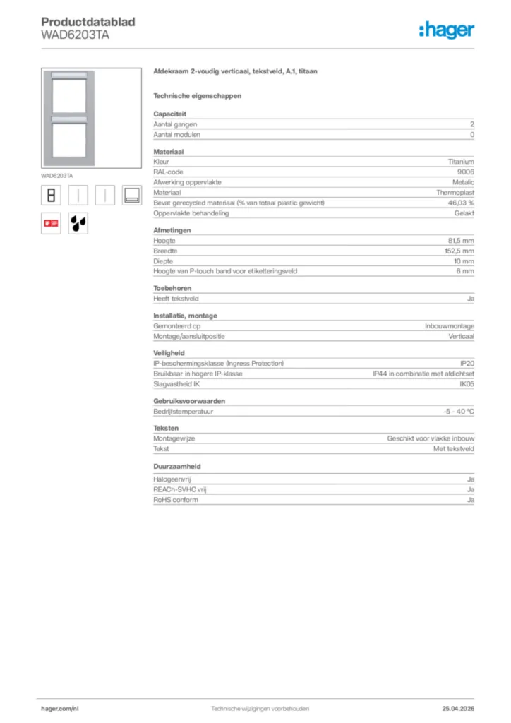 Afbeelding Hager Productdatablad WAD6203TA | Hager Nederland