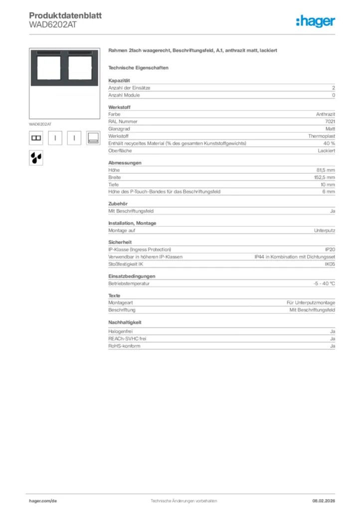 Bild Hager Produktdatenblatt WAD6202AT | Hager Deutschland