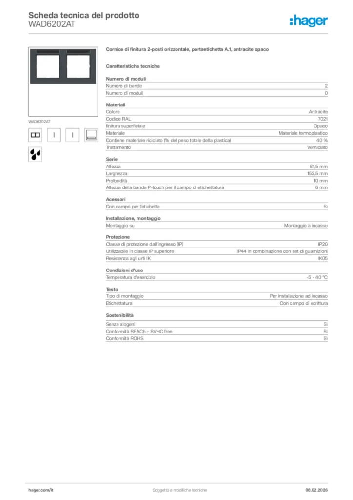Immagine Hager Scheda tecnica del prodotto WAD6202AT | Hager Italia