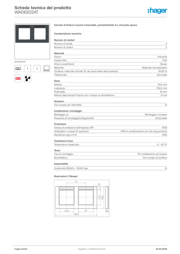 Immagine Hager Scheda tecnica del prodotto WAD6202AT | Hager Italia