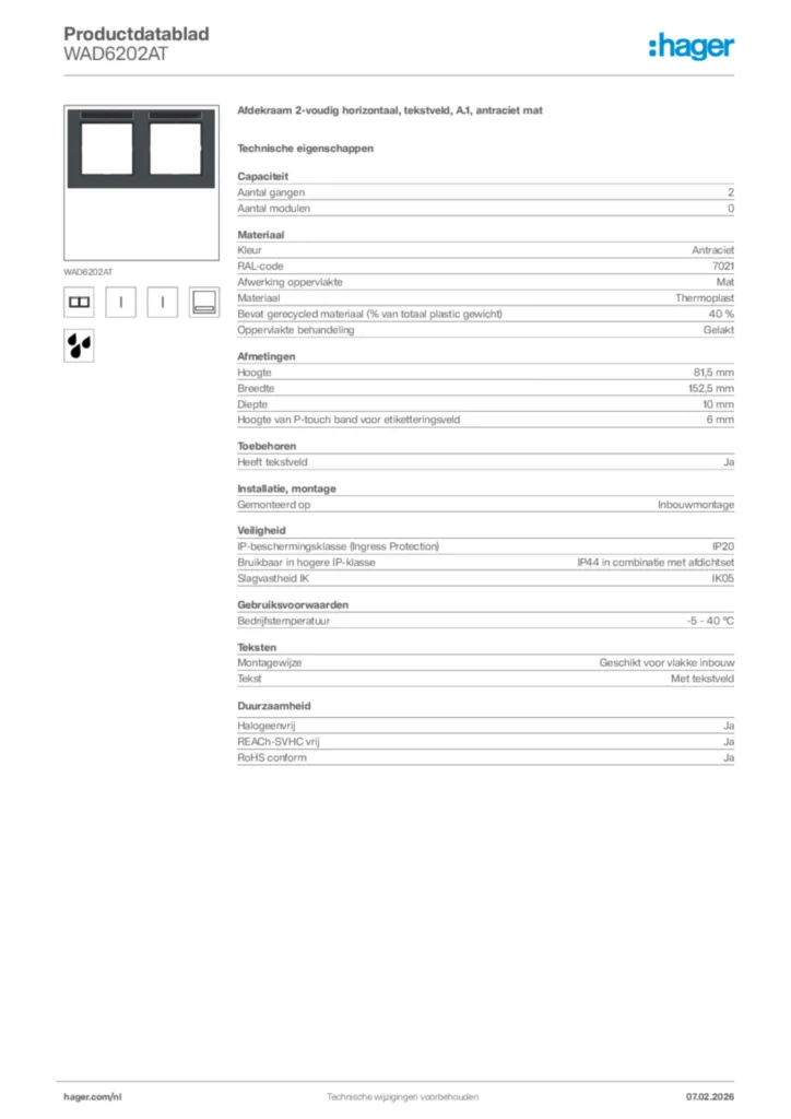 Afbeelding Hager Productdatablad WAD6202AT | Hager Nederland