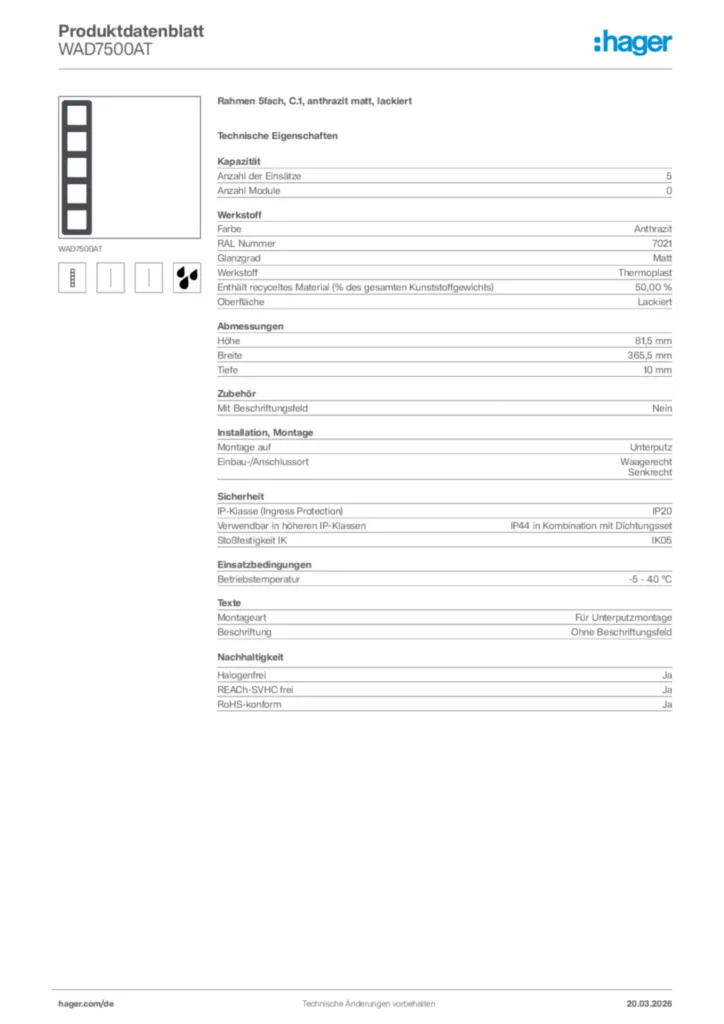 Bild Hager Produktdatenblatt WAD7500AT | Hager Deutschland