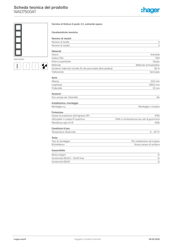 Immagine Hager Scheda tecnica del prodotto WAD7500AT | Hager Italia