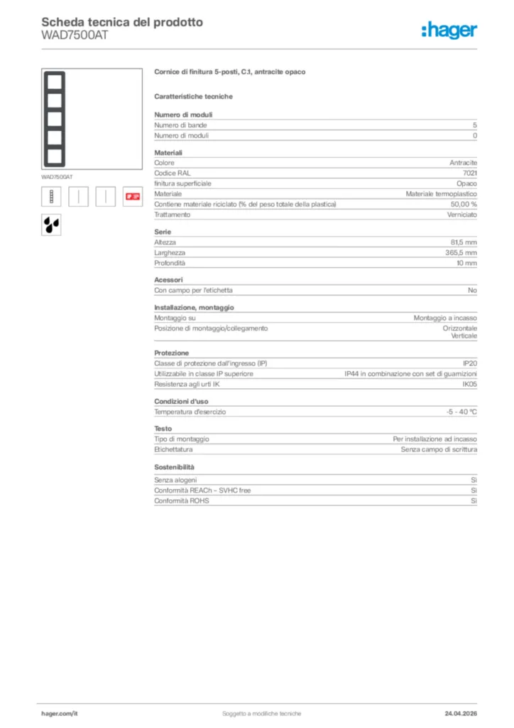 Immagine Hager Scheda tecnica del prodotto WAD7500AT | Hager Italia