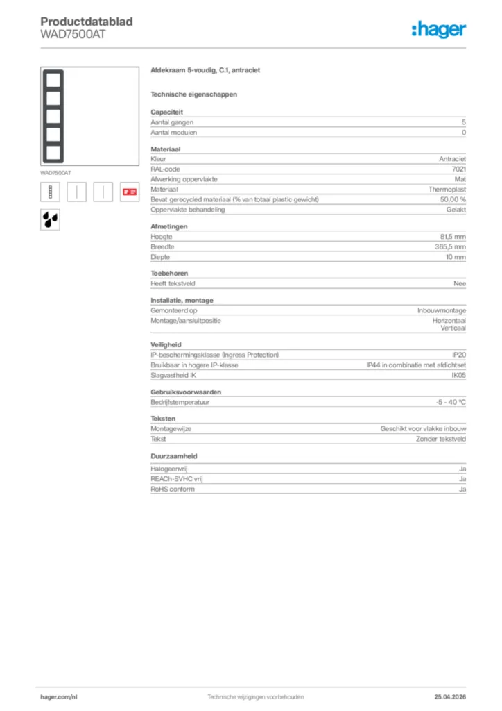 Afbeelding Hager Productdatablad WAD7500AT | Hager Nederland
