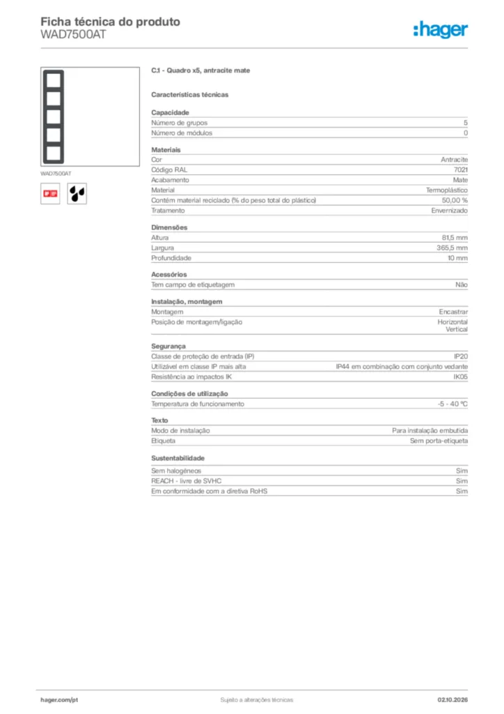 Imagem Hager Ficha técnica do produto WAD7500AT | Hager Portugal