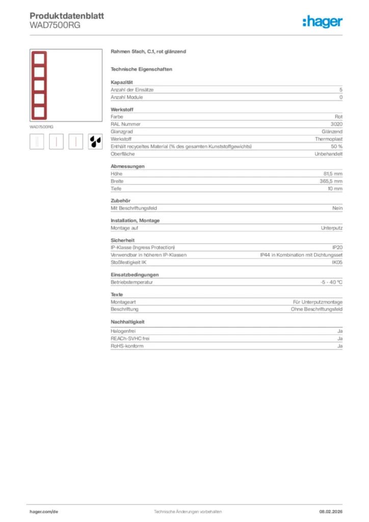 Bild Hager Produktdatenblatt WAD7500RG | Hager Deutschland