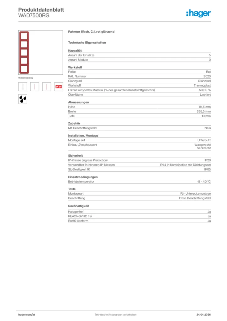 Bild Hager Produktdatenblatt WAD7500RG | Hager Deutschland