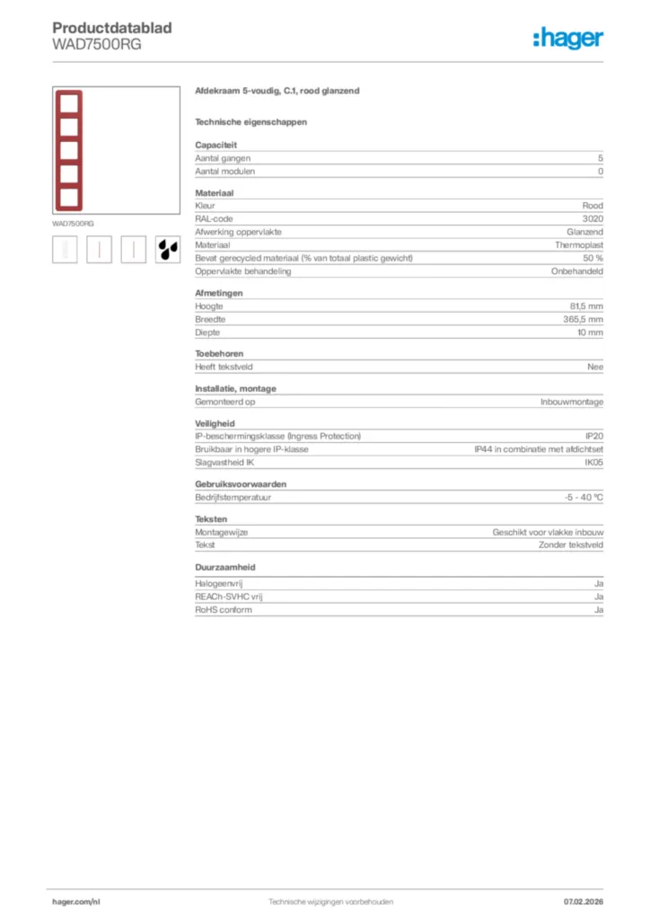 Afbeelding Hager Productdatablad WAD7500RG | Hager Nederland