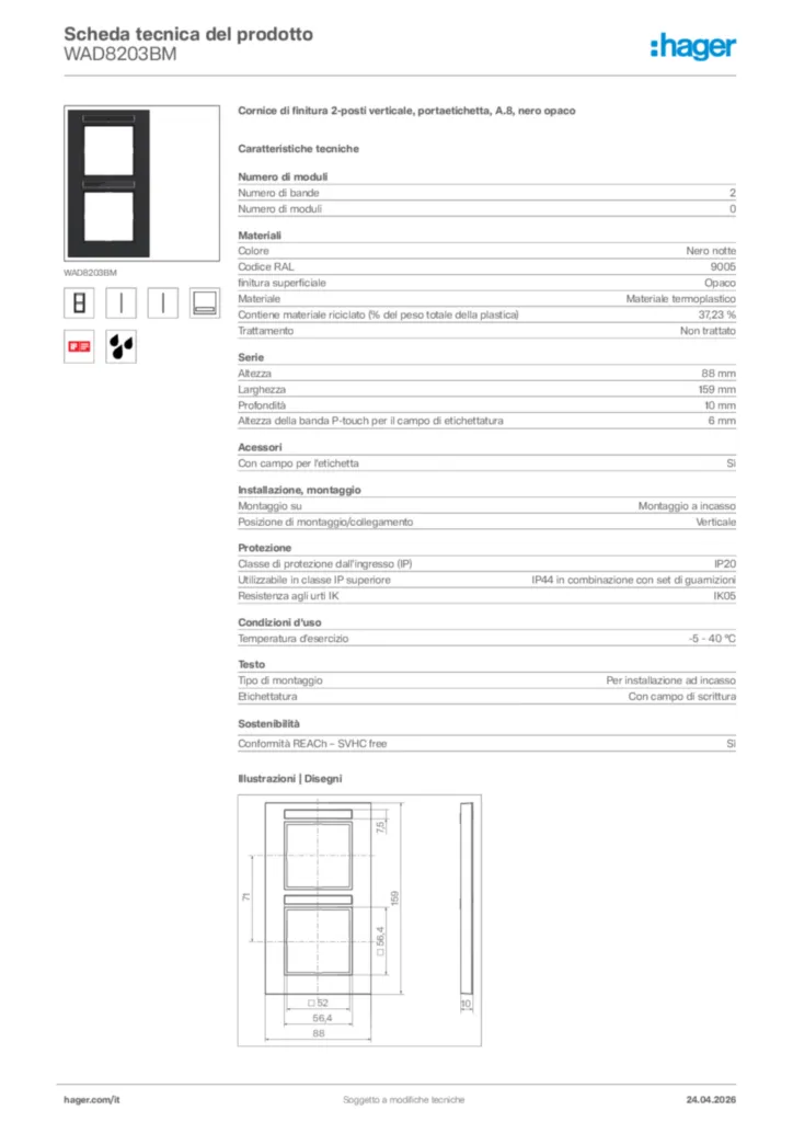 Immagine Hager Scheda tecnica del prodotto WAD8203BM | Hager Italia
