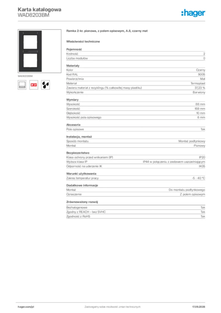 Zdjęcie Hager Karta katalogowa WAD8203BM | Hager Polska