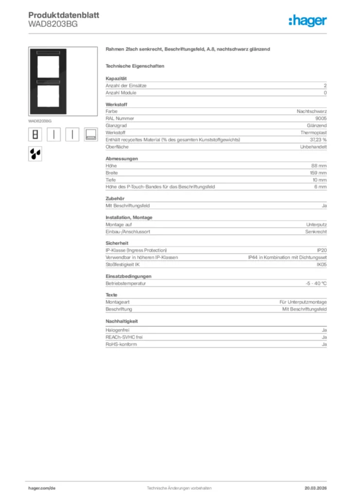 Bild Hager Produktdatenblatt WAD8203BG | Hager Deutschland