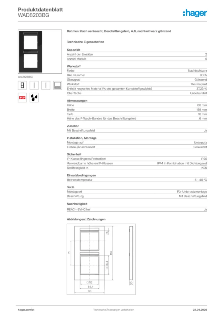 Bild Hager Produktdatenblatt WAD8203BG | Hager Deutschland