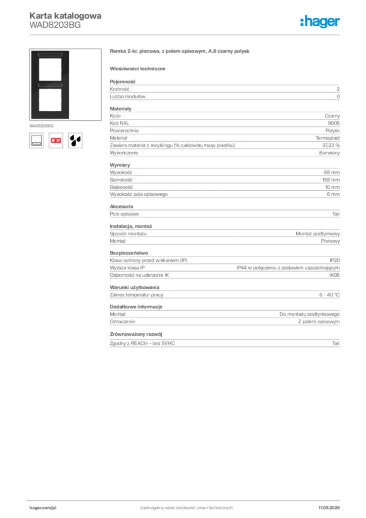 Zdjęcie Hager Karta katalogowa WAD8203BG | Hager Polska