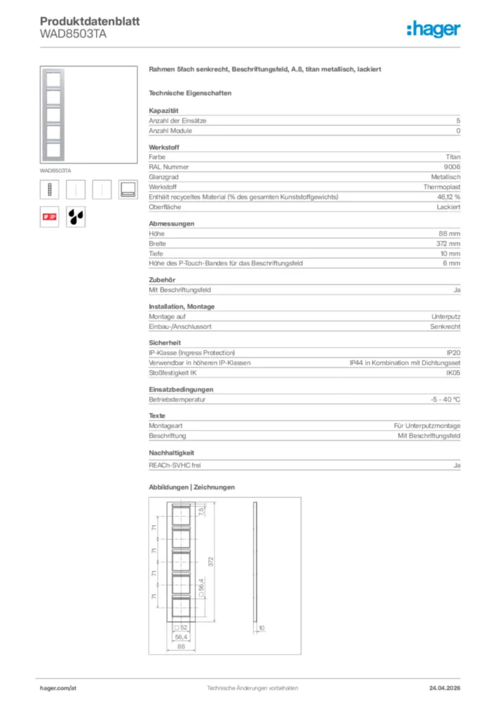 Bild Hager Produktdatenblatt WAD8503TA | Hager Deutschland