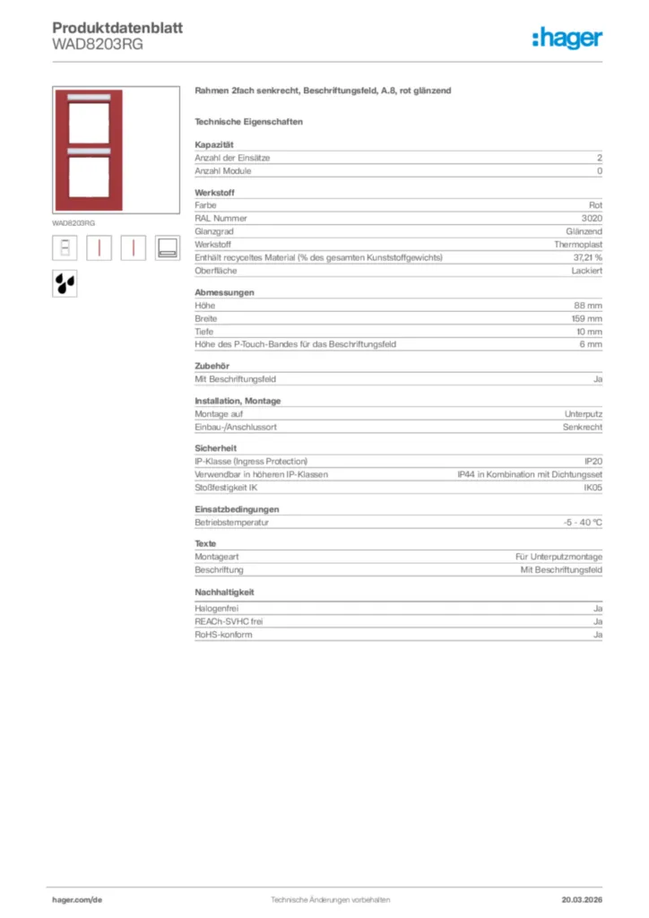 Bild Hager Produktdatenblatt WAD8203RG | Hager Deutschland