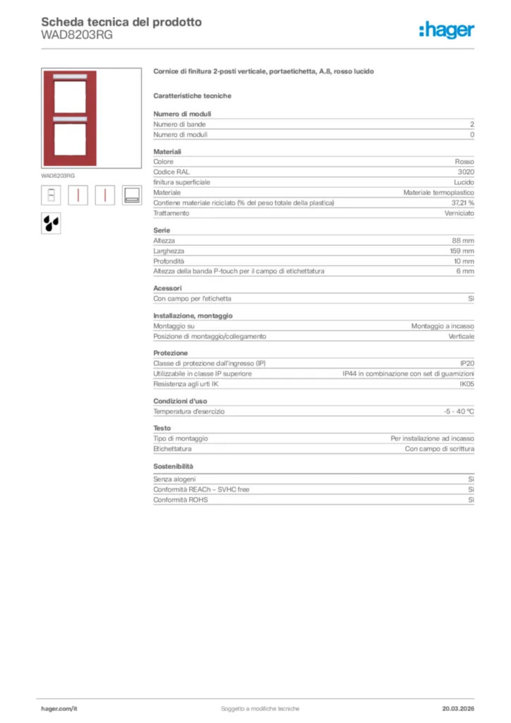 Immagine Hager Scheda tecnica del prodotto WAD8203RG | Hager Italia