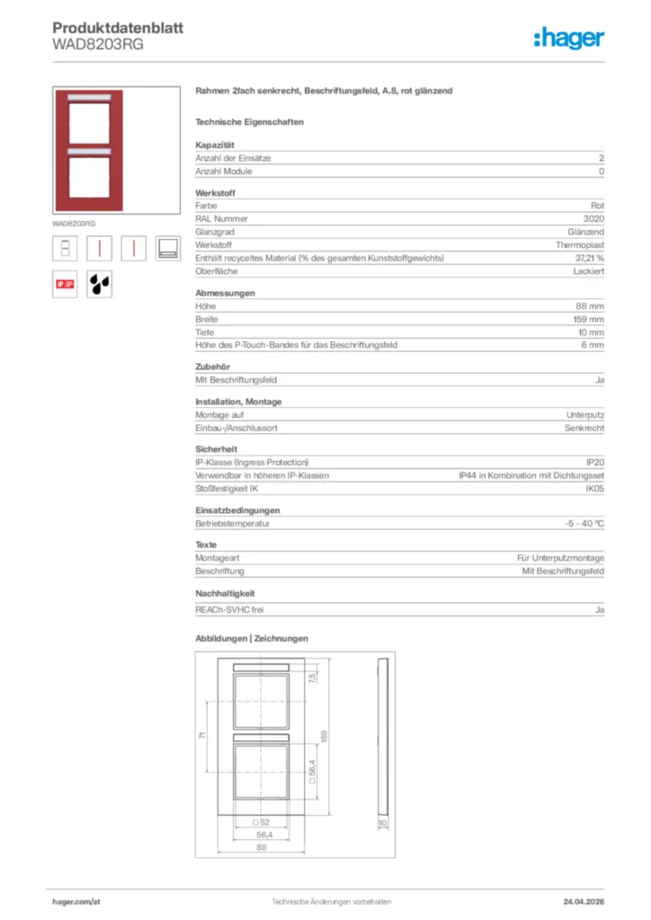 Bild Hager Produktdatenblatt WAD8203RG | Hager Deutschland