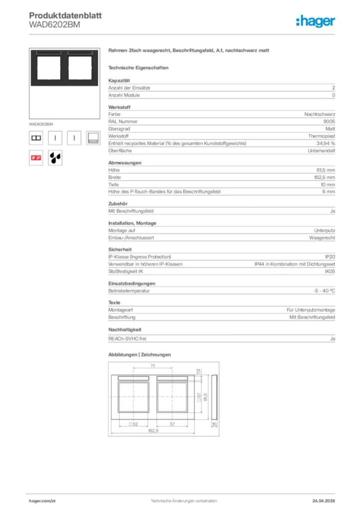 Bild Hager Produktdatenblatt WAD6202BM | Hager Deutschland