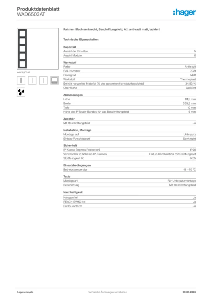 Bild Hager Produktdatenblatt WAD6503AT | Hager Deutschland