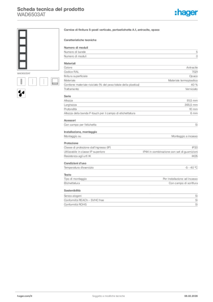 Immagine Hager Scheda tecnica del prodotto WAD6503AT | Hager Italia