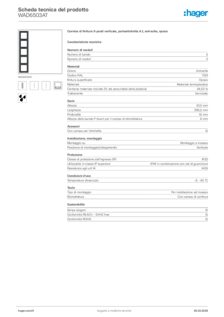 Immagine Hager Scheda tecnica del prodotto WAD6503AT | Hager Italia