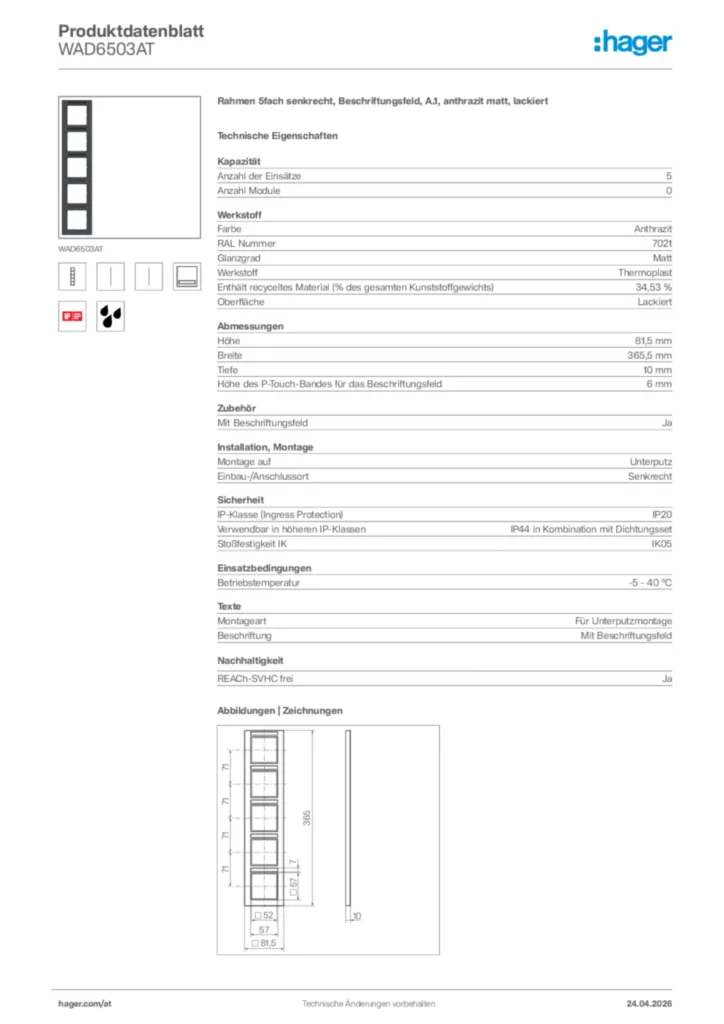 Bild Hager Produktdatenblatt WAD6503AT | Hager Deutschland