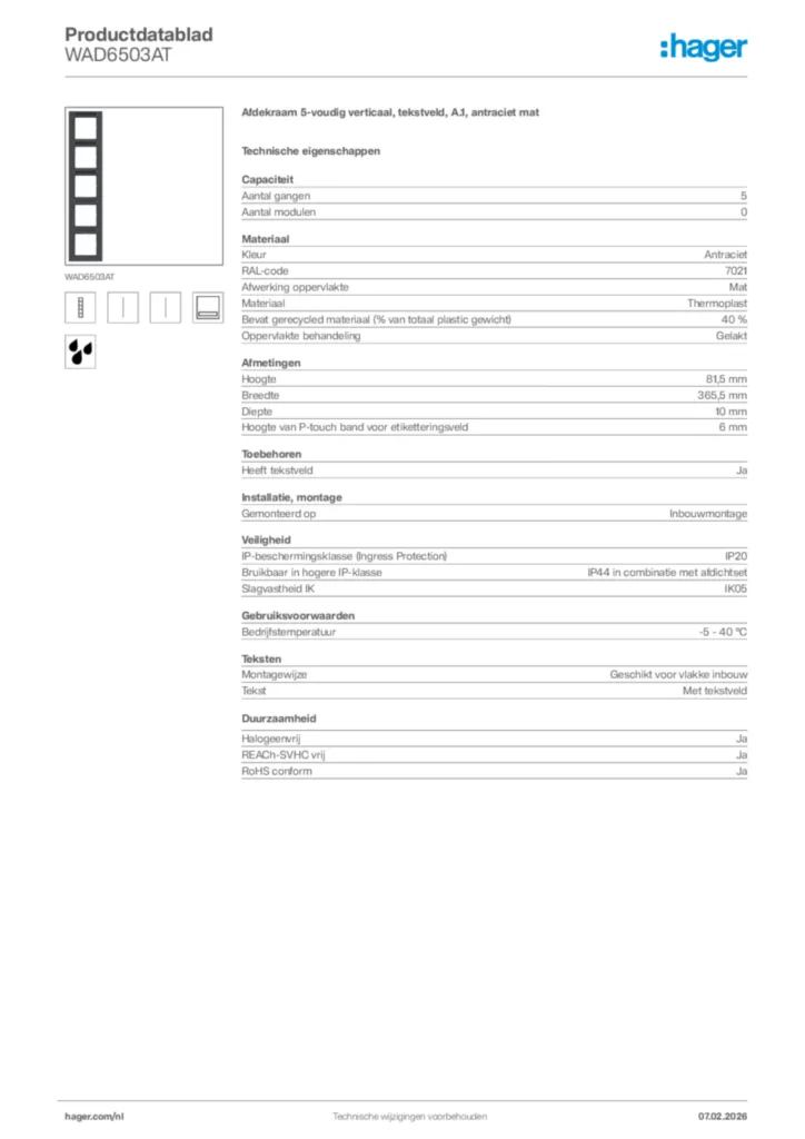 Afbeelding Hager Productdatablad WAD6503AT | Hager Nederland