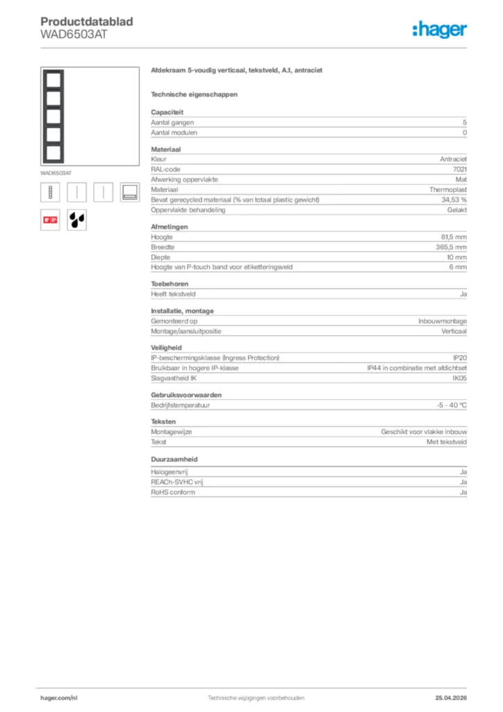 Afbeelding Hager Productdatablad WAD6503AT | Hager Nederland
