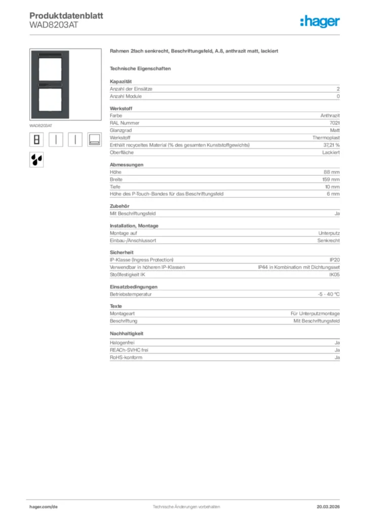 Bild Hager Produktdatenblatt WAD8203AT | Hager Deutschland
