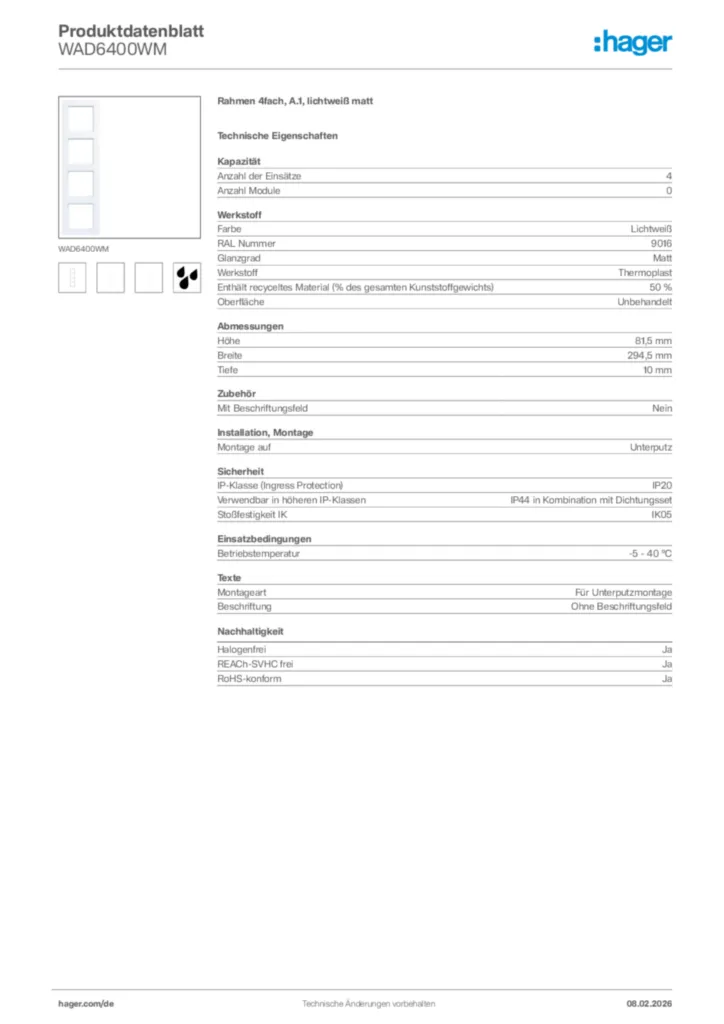 Bild Hager Produktdatenblatt WAD6400WM | Hager Deutschland