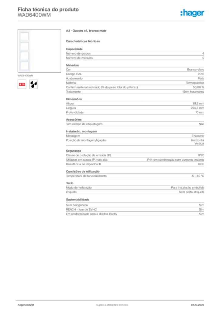 Imagem Hager Ficha técnica do produto WAD6400WM | Hager Portugal