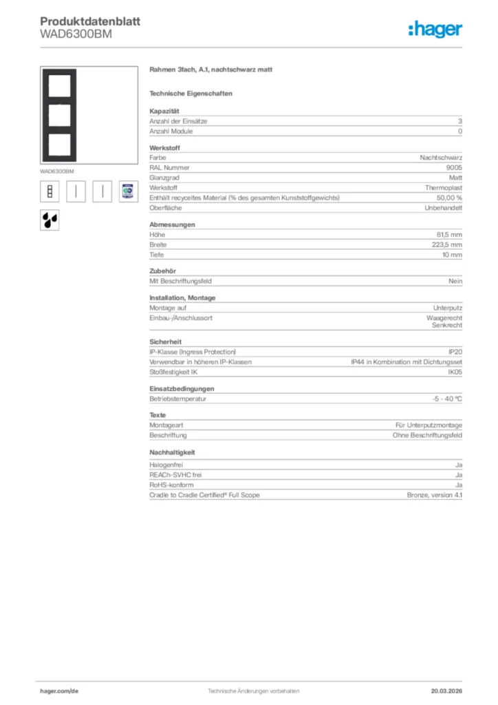 Bild Hager Produktdatenblatt WAD6300BM | Hager Deutschland