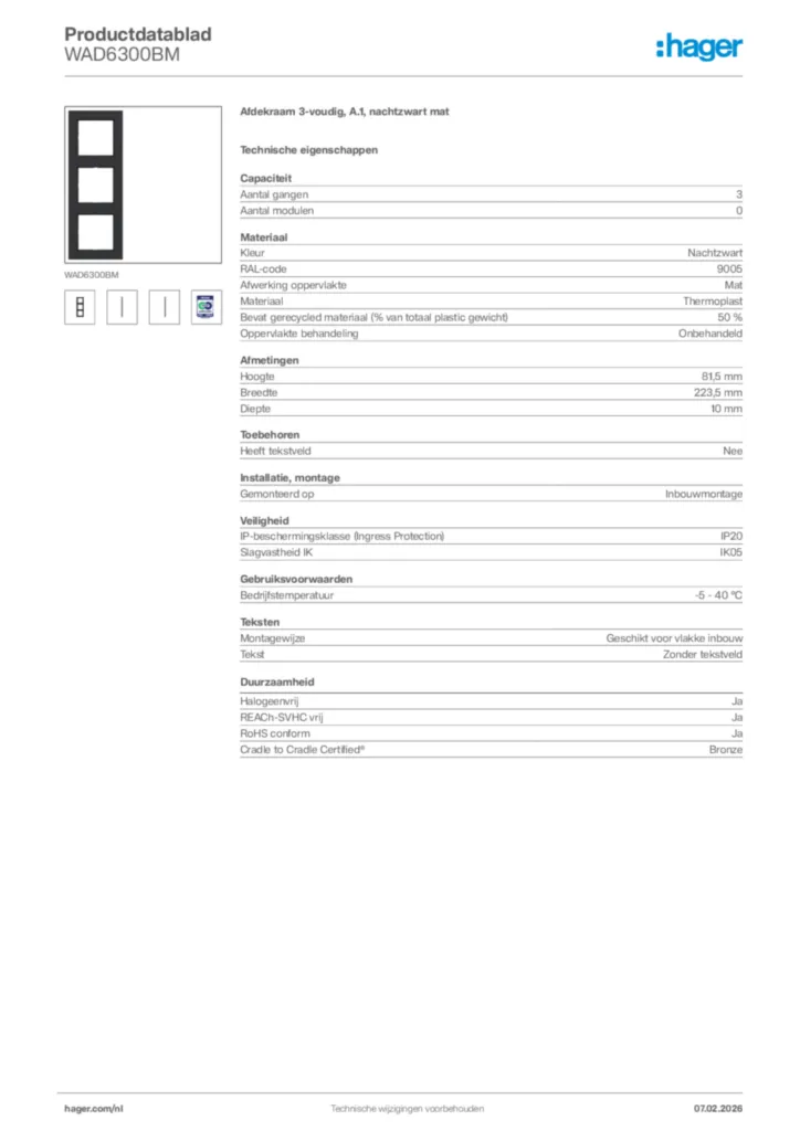 Afbeelding Hager Productdatablad WAD6300BM | Hager Nederland