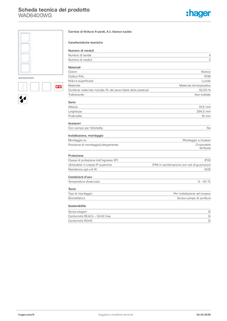 Immagine Hager Scheda tecnica del prodotto WAD6400WG | Hager Italia