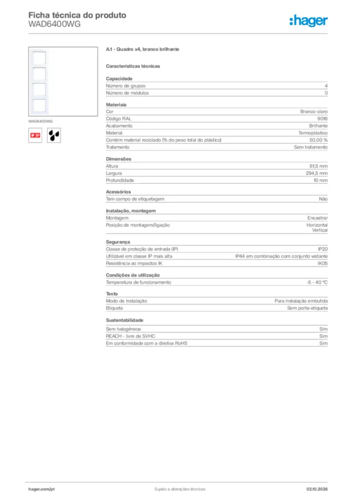 Imagem Hager Ficha técnica do produto WAD6400WG | Hager Portugal