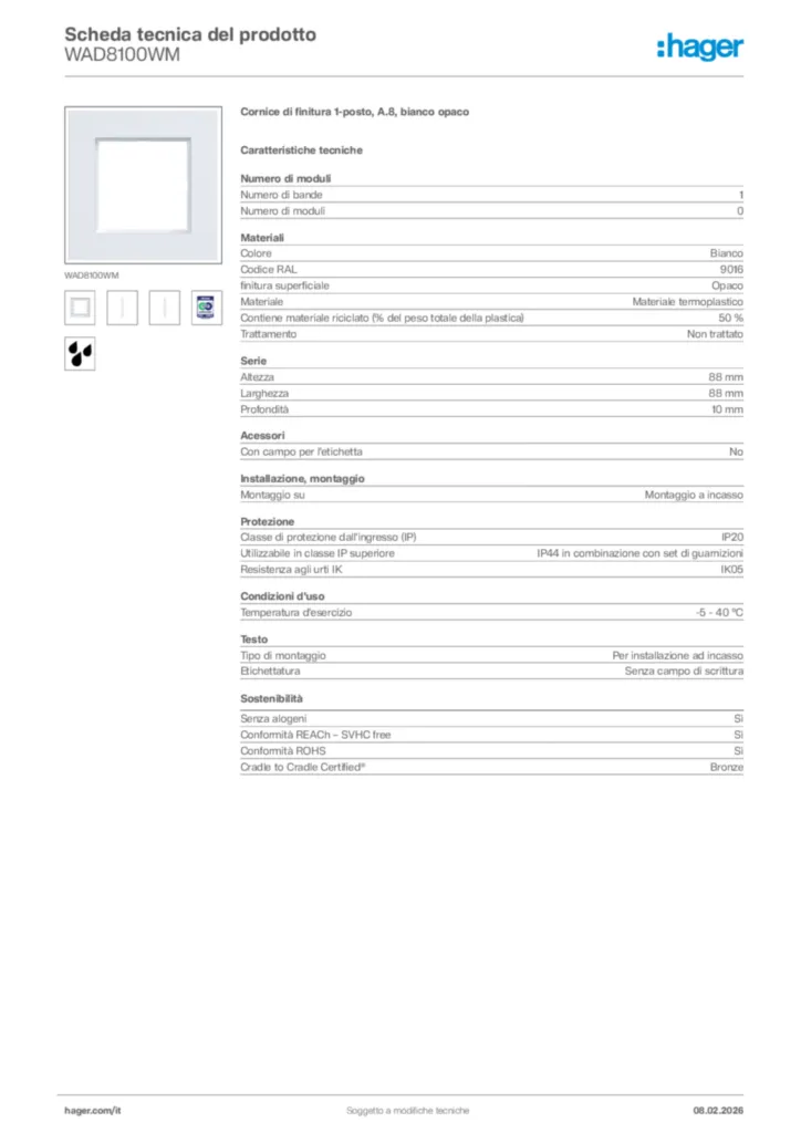 Immagine Hager Scheda tecnica del prodotto WAD8100WM | Hager Italia