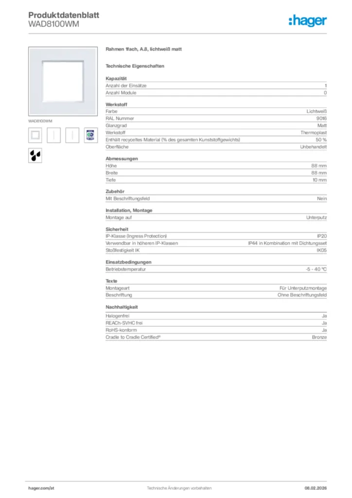 Bild Hager Produktdatenblatt WAD8100WM | Hager Deutschland