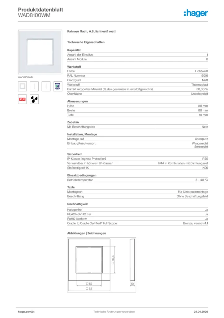 Bild Hager Produktdatenblatt WAD8100WM | Hager Deutschland